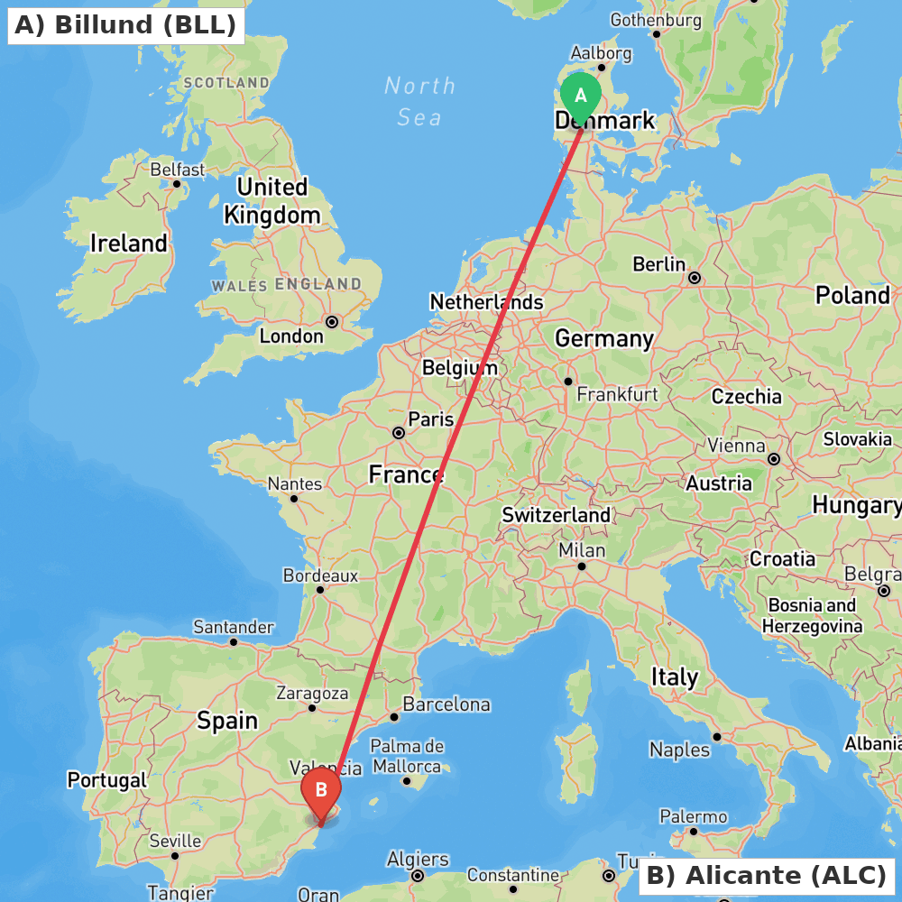 Flight route map from Billund to Alicante