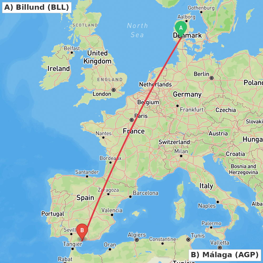 Flight route map from Billund to Málaga