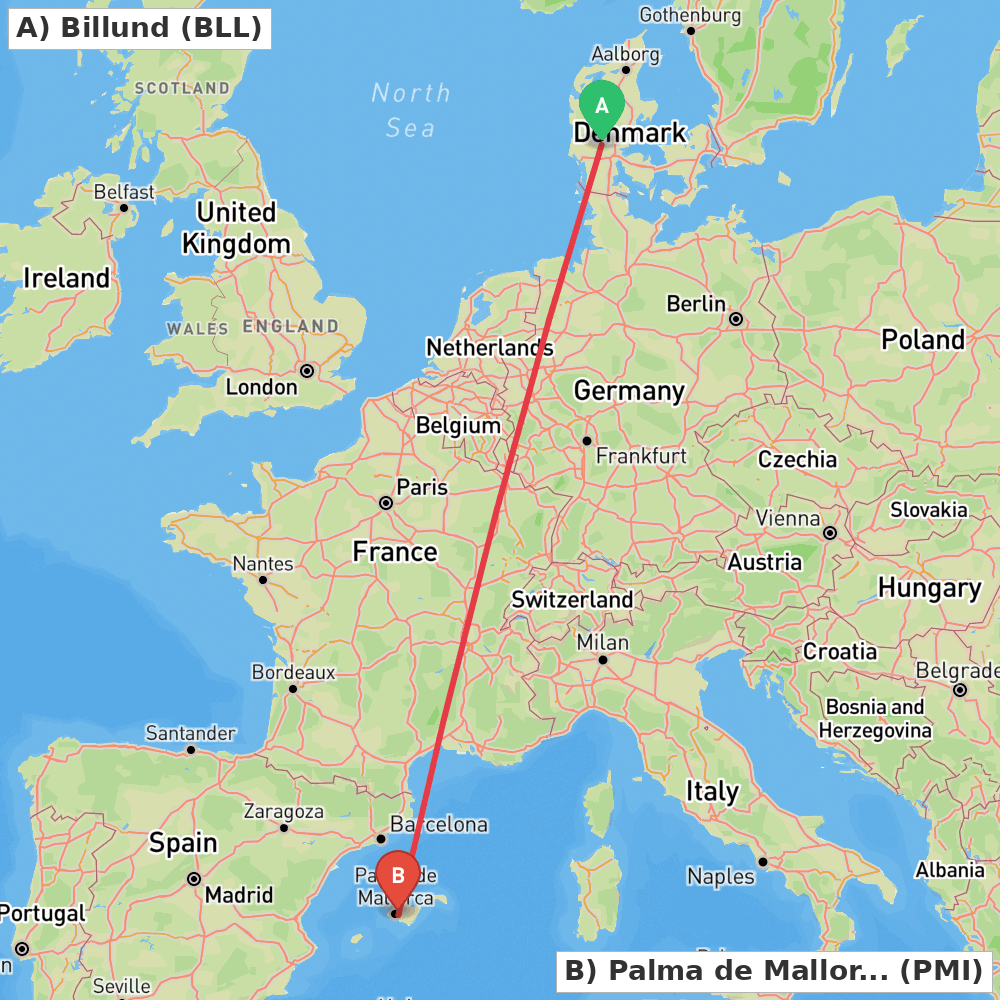 Flight route map from Billund to Palma de Mallorca