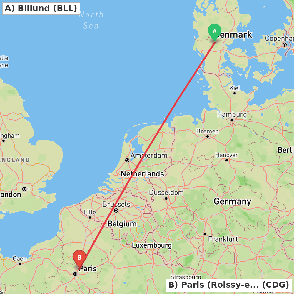 Flight route map from Billund to Paris (Roissy-en-France, Val-d'Oise)