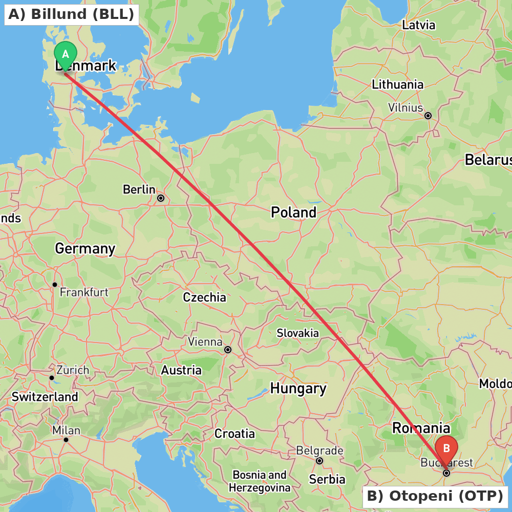 Flight route map from Billund to Otopeni