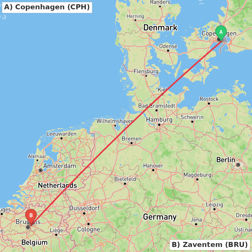 Flight route map from Copenhagen to Zaventem