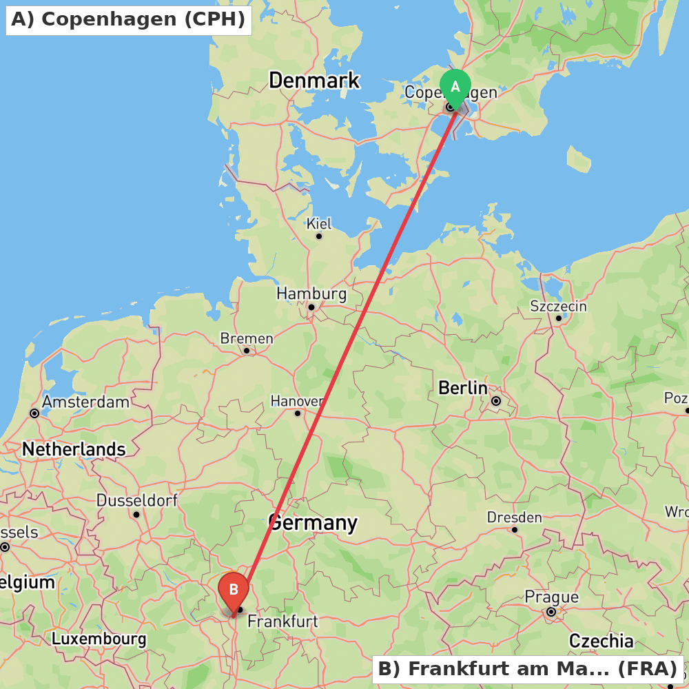 Flight route map from Copenhagen to Frankfurt am Main