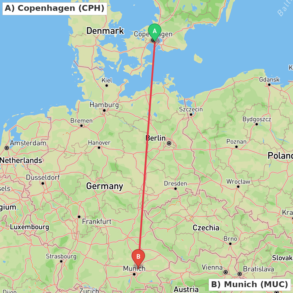 Flight route map from Copenhagen to Munich
