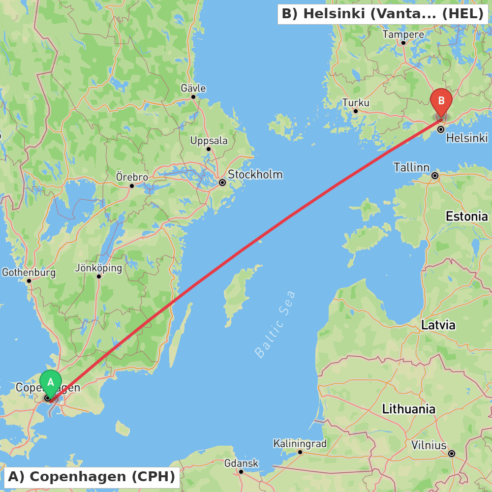 Flight route map from Copenhagen to Helsinki (Vantaa)