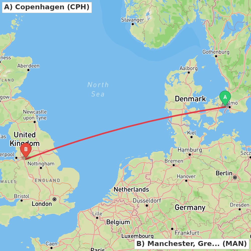 Flight route map from Copenhagen to Manchester, Greater Manchester
