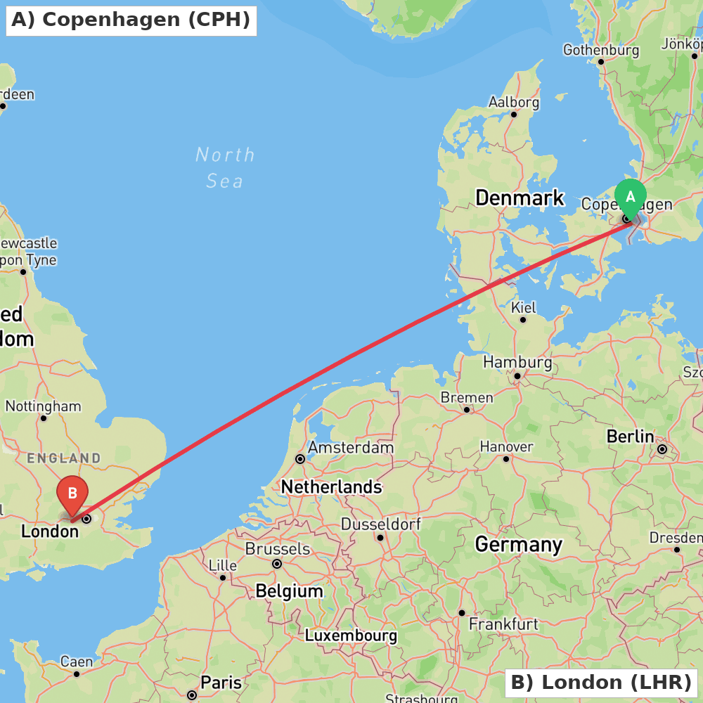 Flight route map from Copenhagen to London