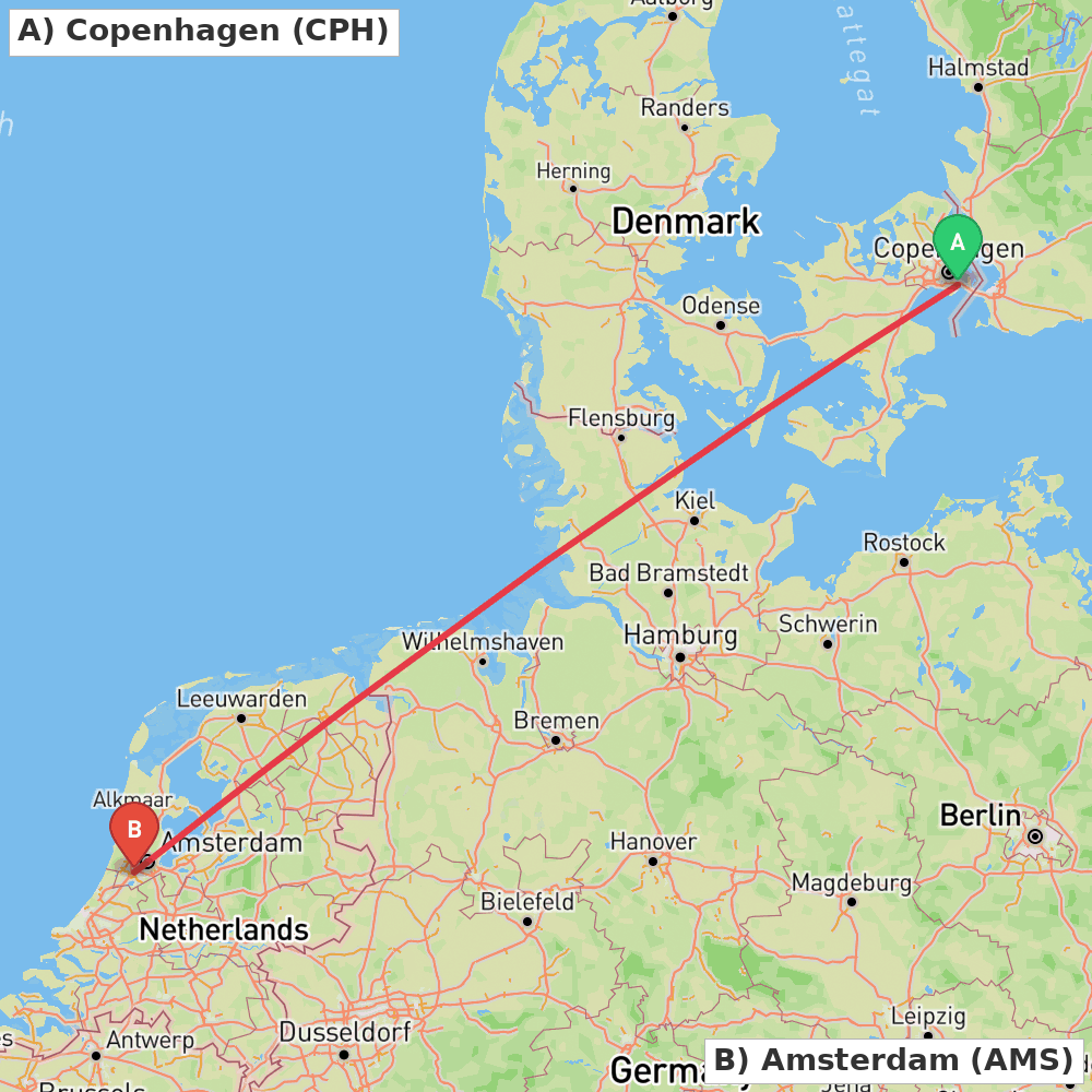 Flight route map from Copenhagen to Amsterdam