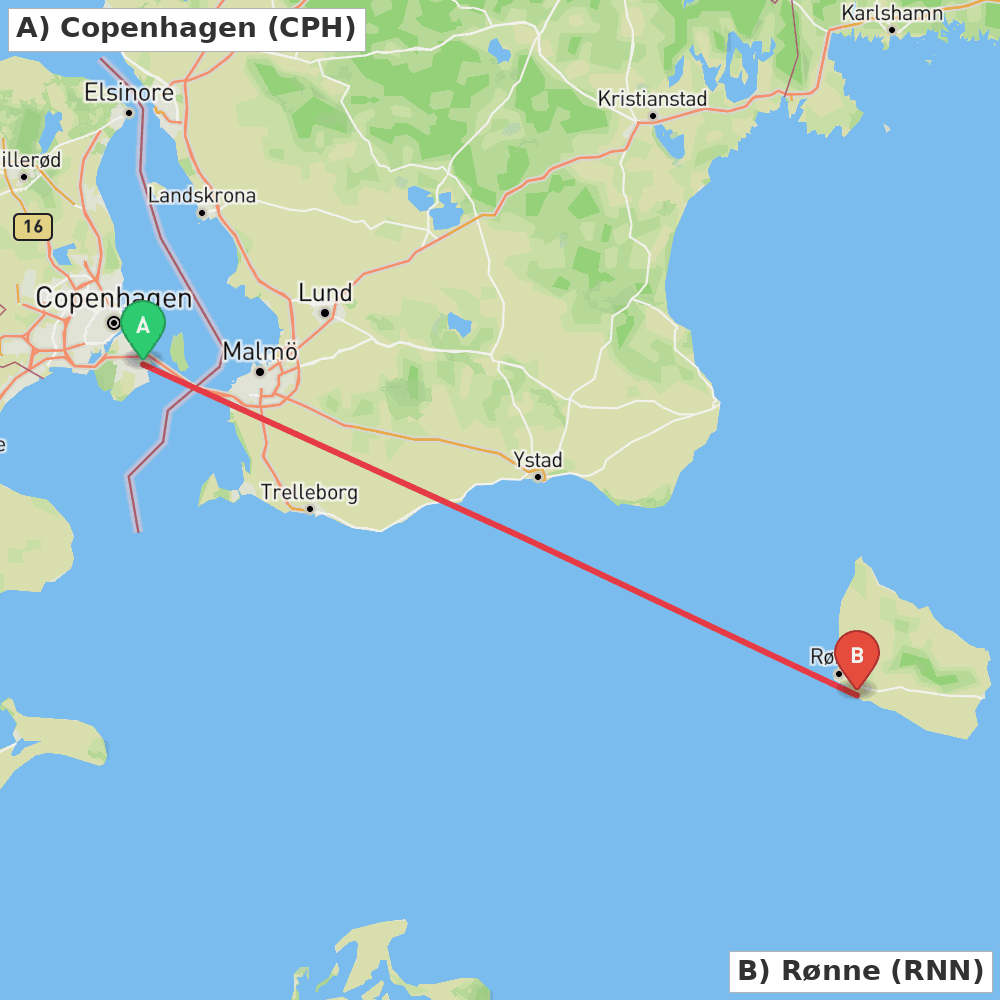 Flight route map from Copenhagen to Rønne