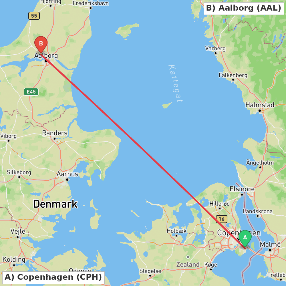 Flight route map from Copenhagen to Aalborg