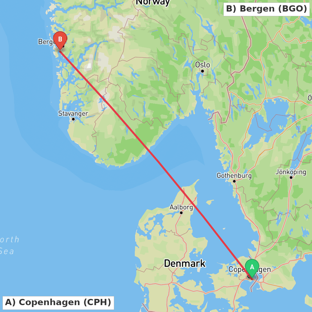 Flight route map from Copenhagen to Bergen