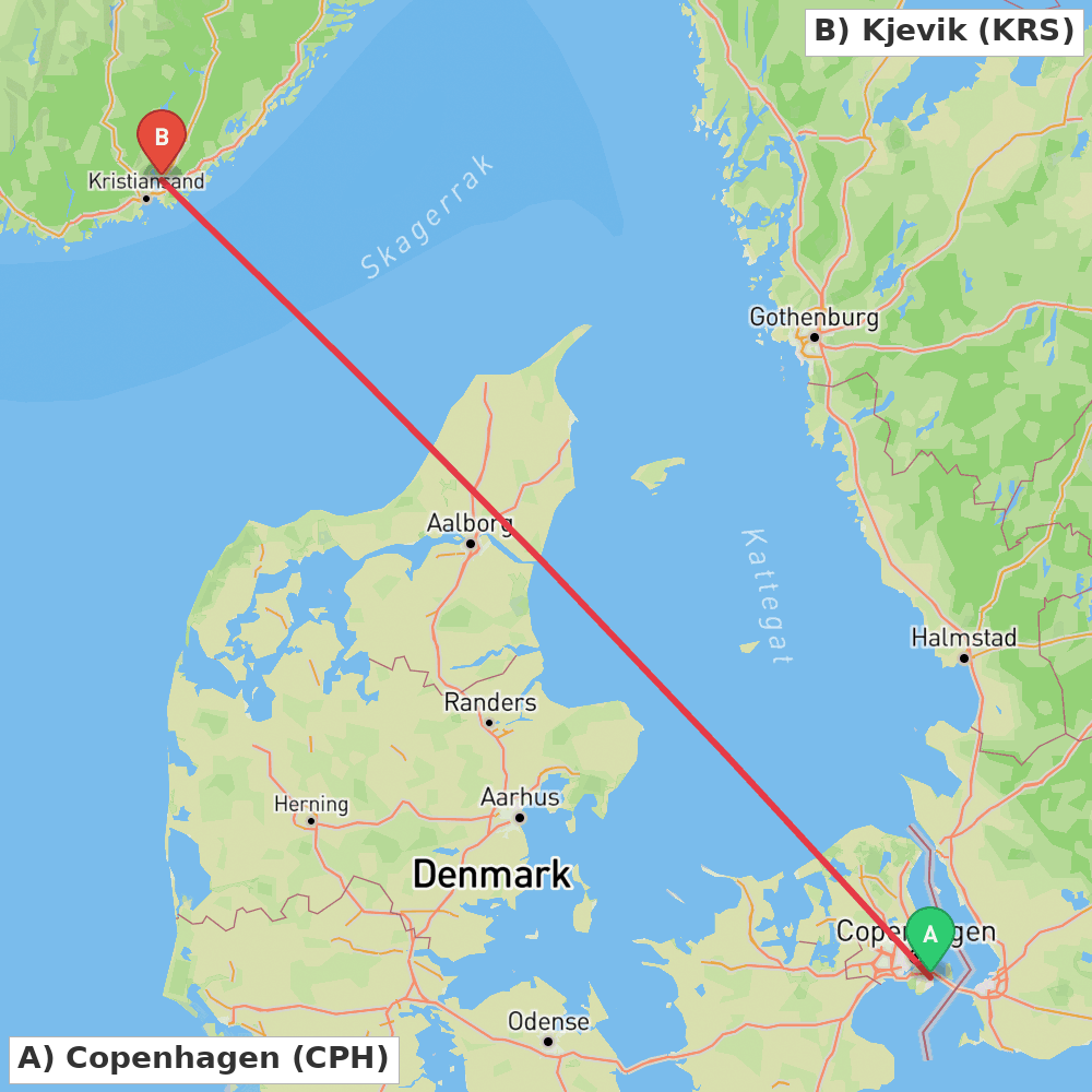 Flight route map from Copenhagen to Kjevik