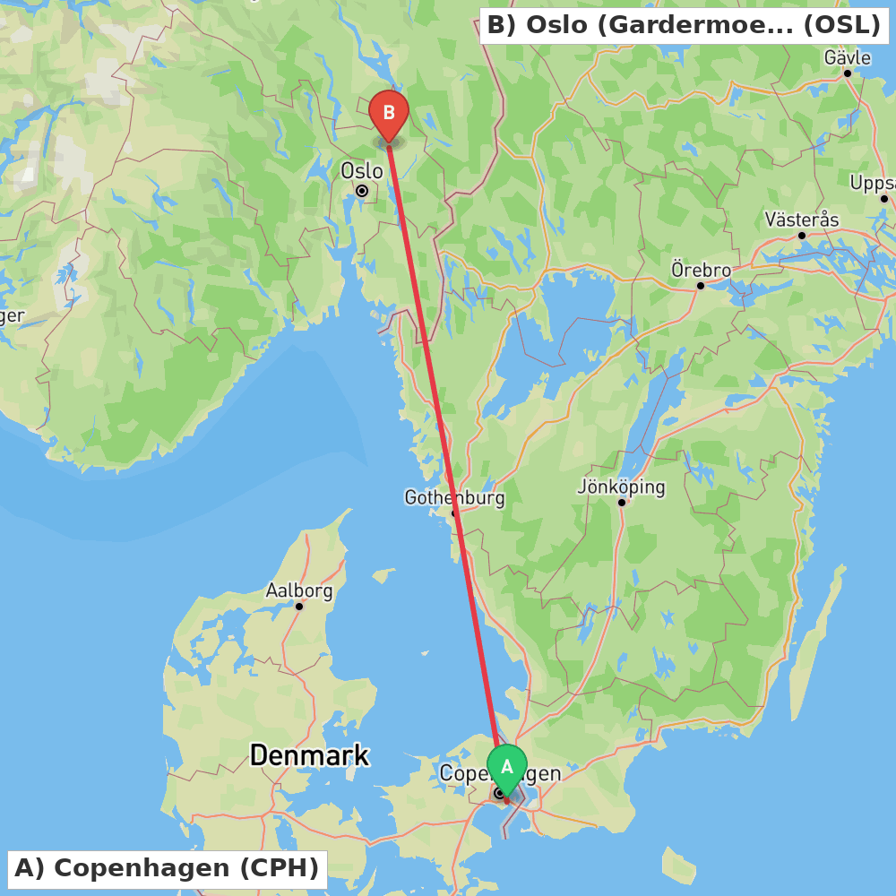 Flight route map from Copenhagen to Oslo (Gardermoen)