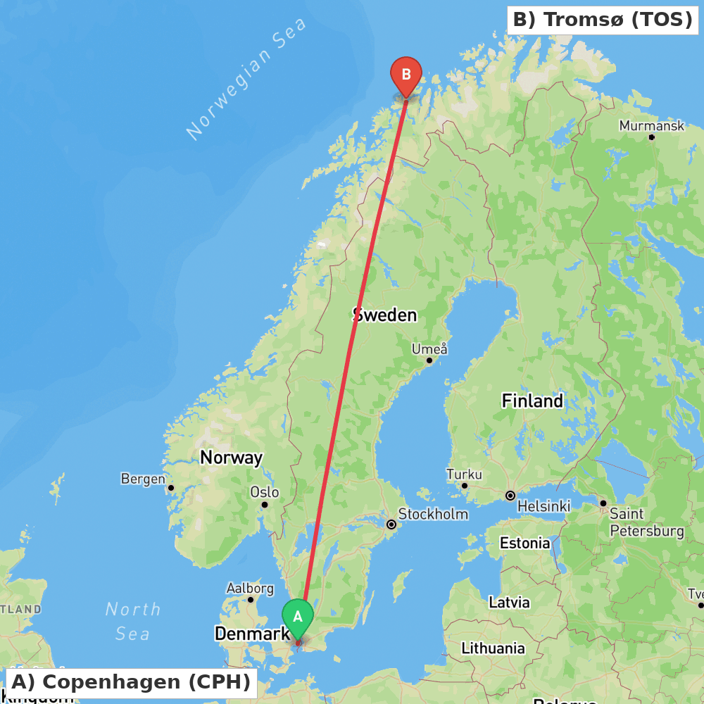 Flight route map from Copenhagen to Tromsø