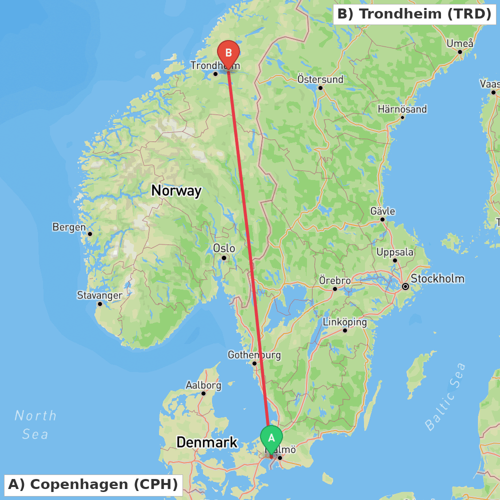 Flight route map from Copenhagen to Trondheim