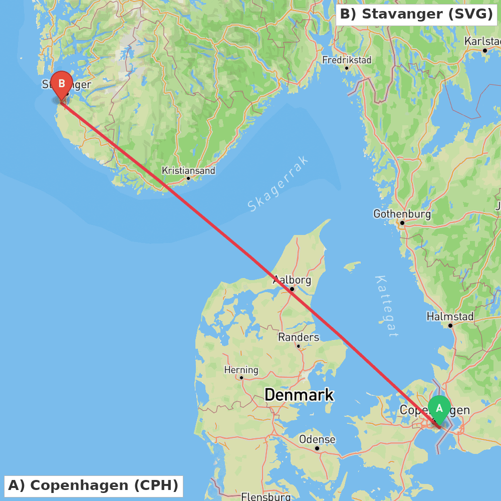 Flight route map from Copenhagen to Stavanger