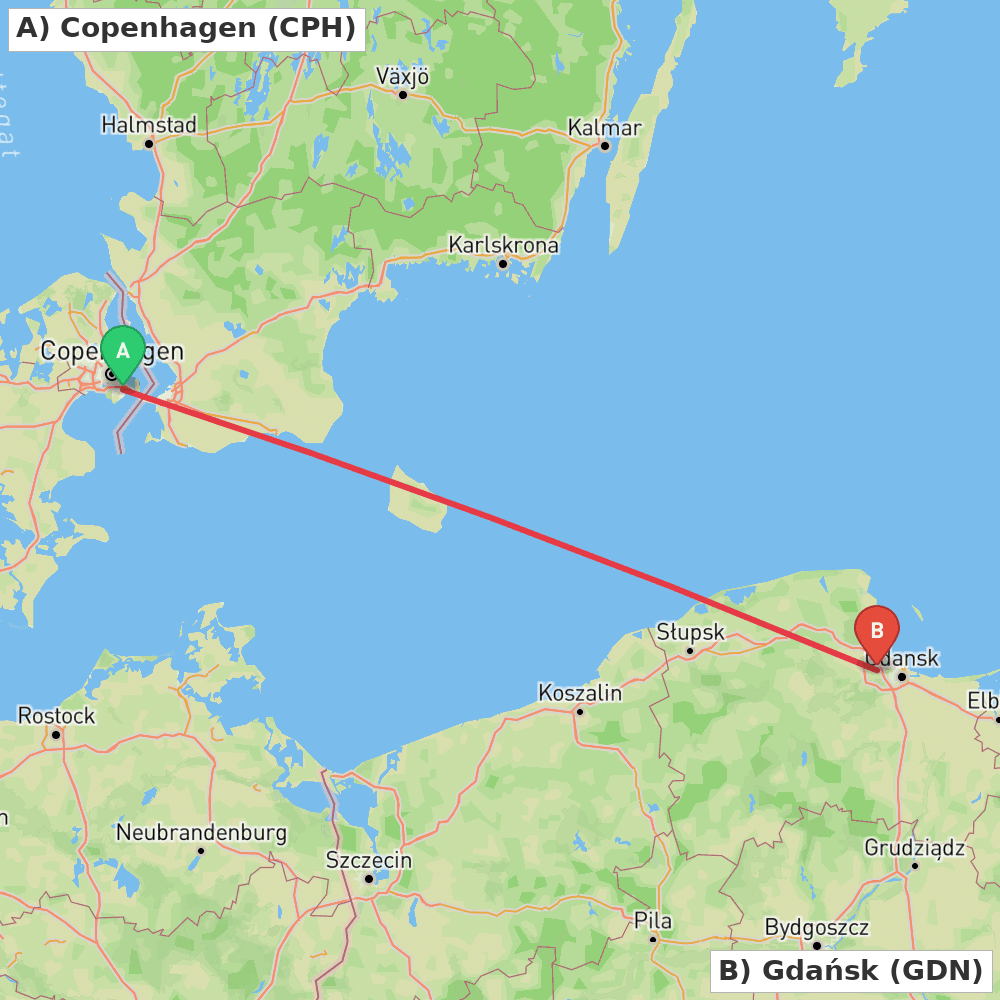 Flight route map from Copenhagen to Gdańsk