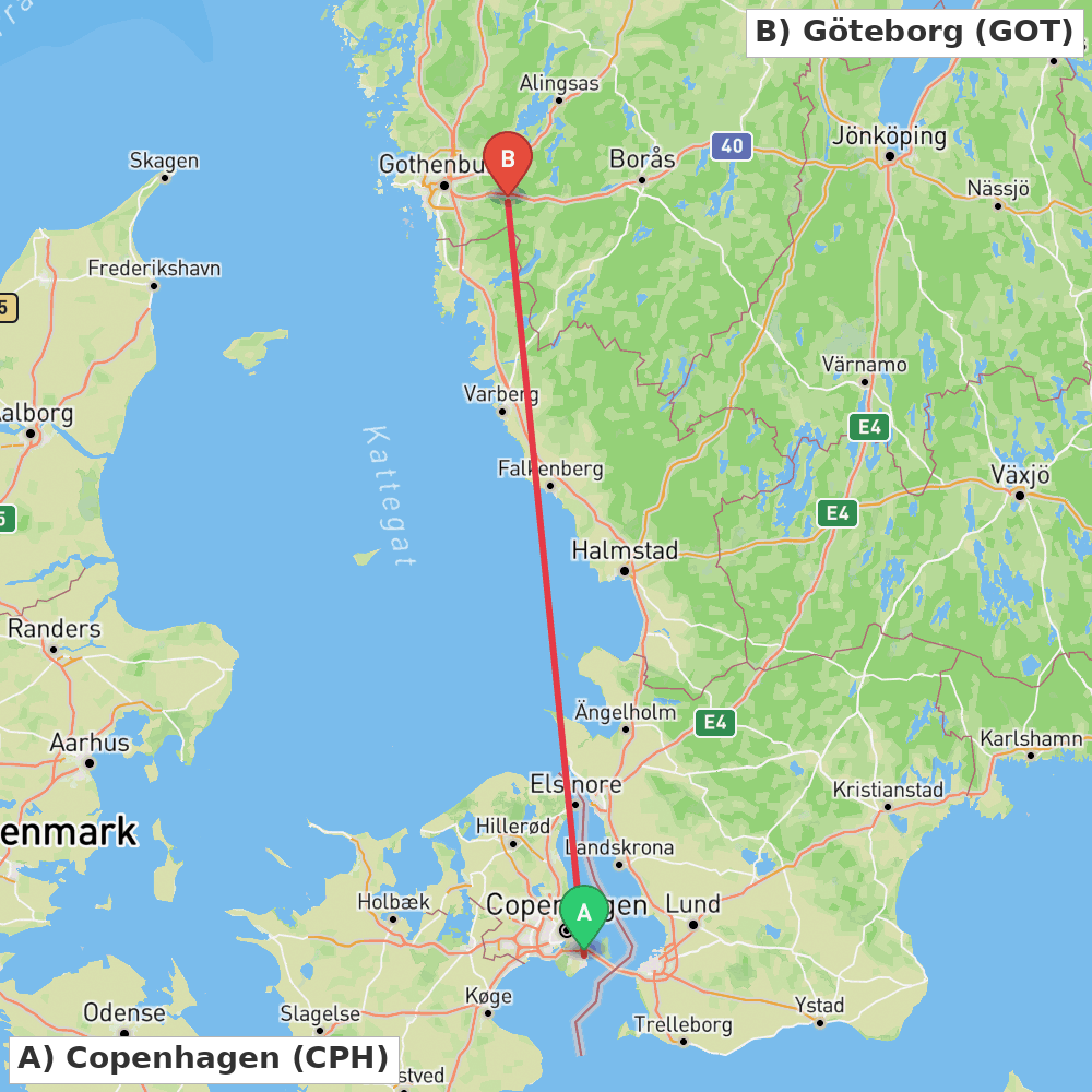 Flight route map from Copenhagen to Göteborg
