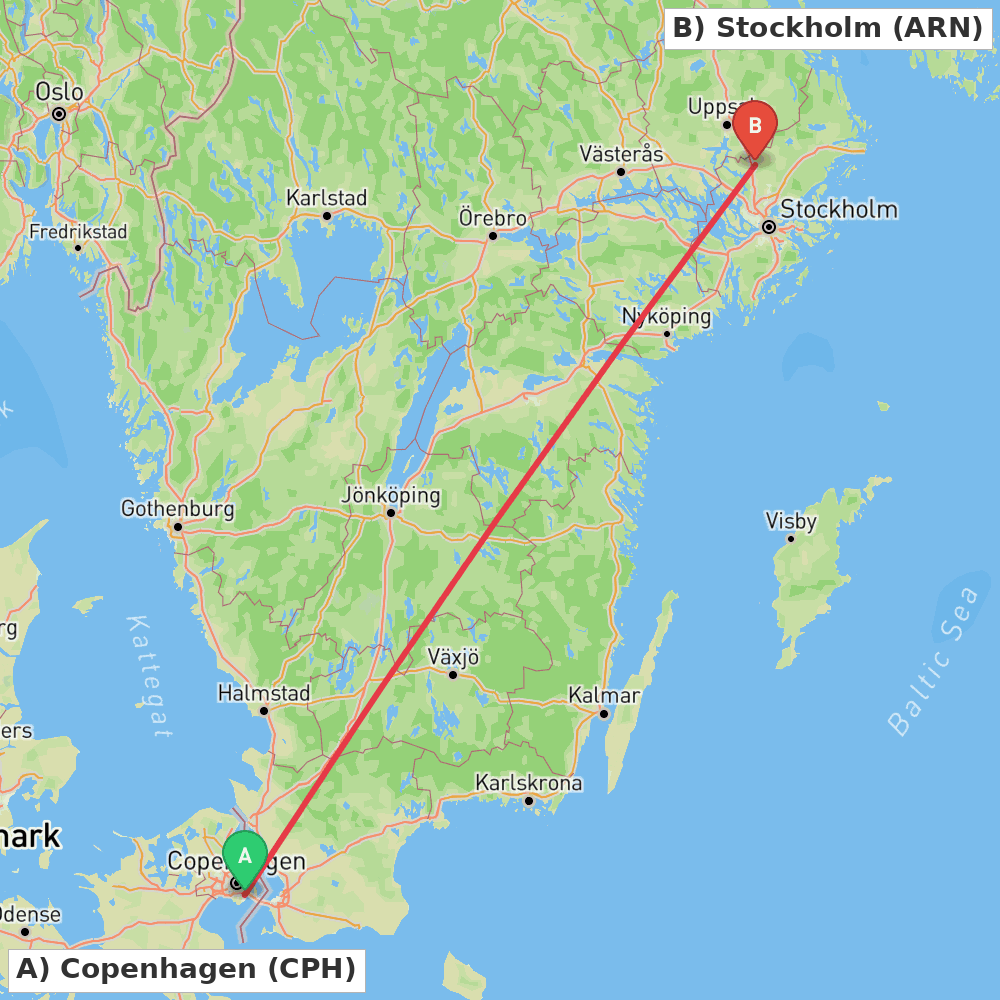 Flight route map from Copenhagen to Stockholm