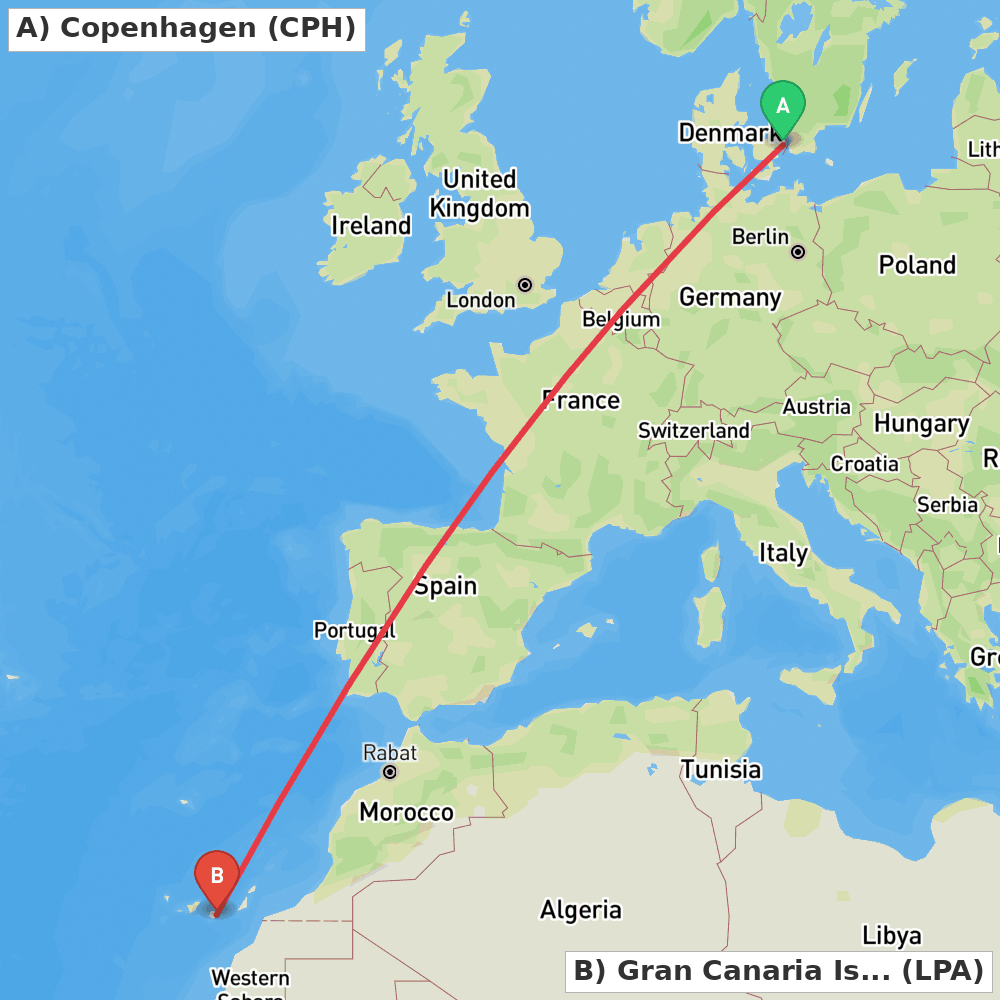 Flight route map from Copenhagen to Gran Canaria Island
