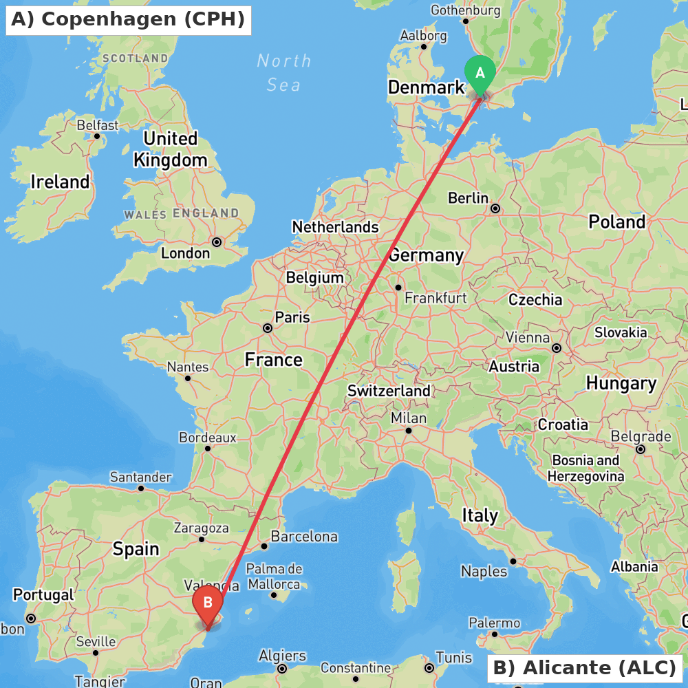 Flight route map from Copenhagen to Alicante