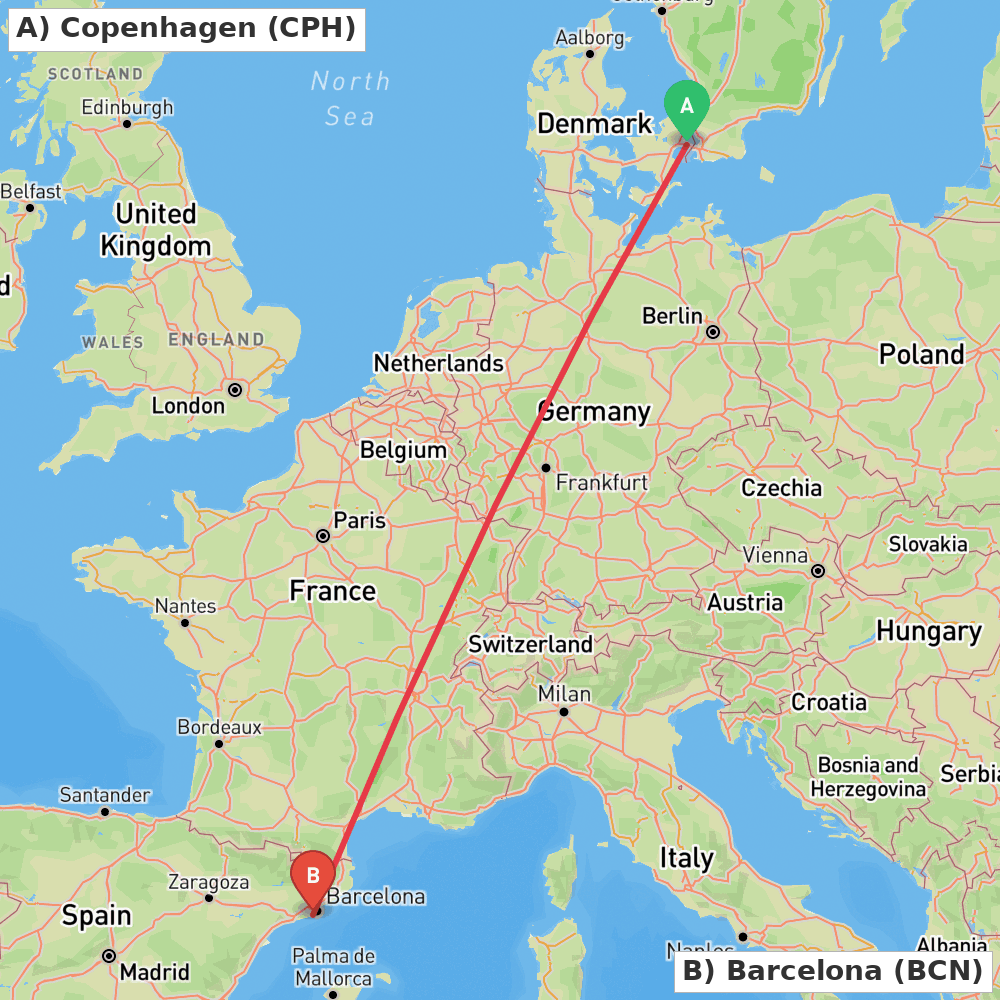 Flight route map from Copenhagen to Barcelona
