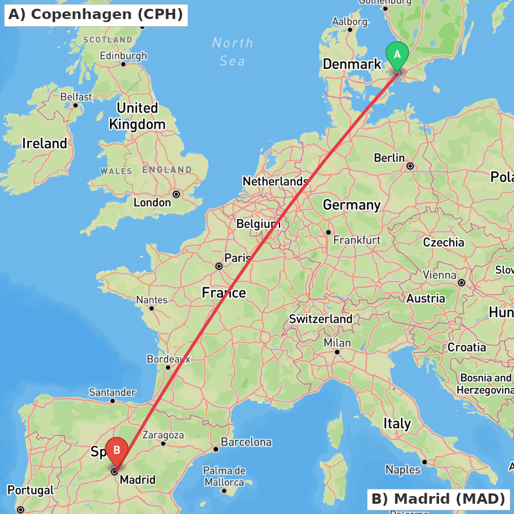 Flight route map from Copenhagen to Madrid