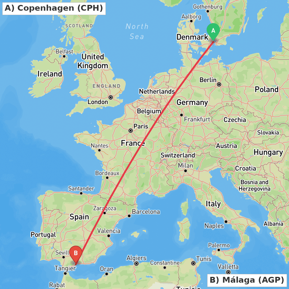 Flight route map from Copenhagen to Málaga