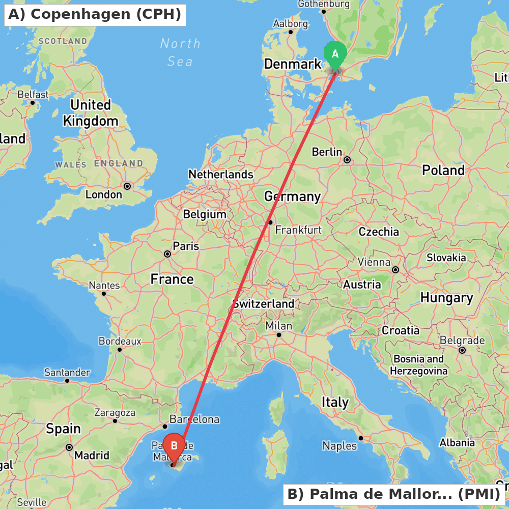 Flight route map from Copenhagen to Palma de Mallorca