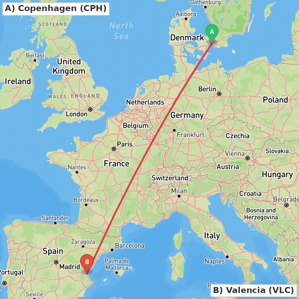 Flight route map from Copenhagen to Valencia