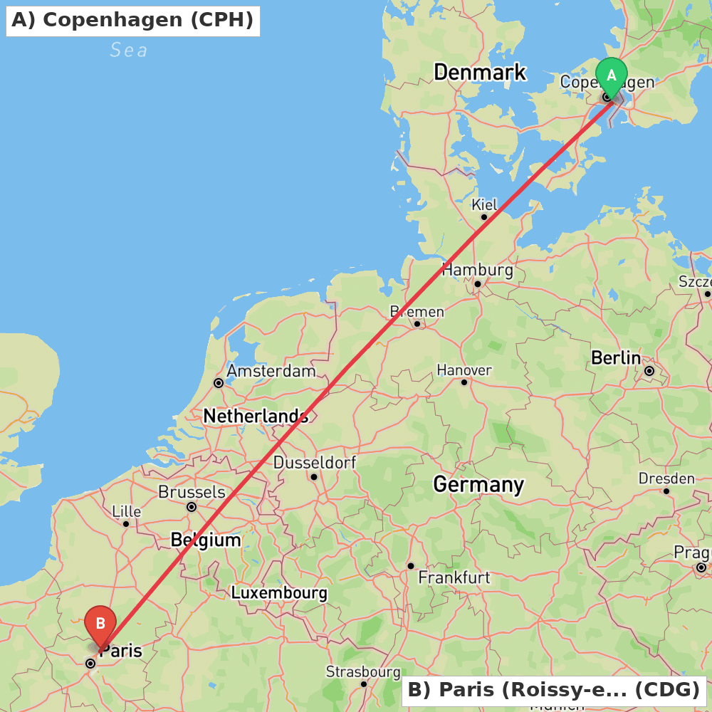 Flight route map from Copenhagen to Paris (Roissy-en-France, Val-d'Oise)
