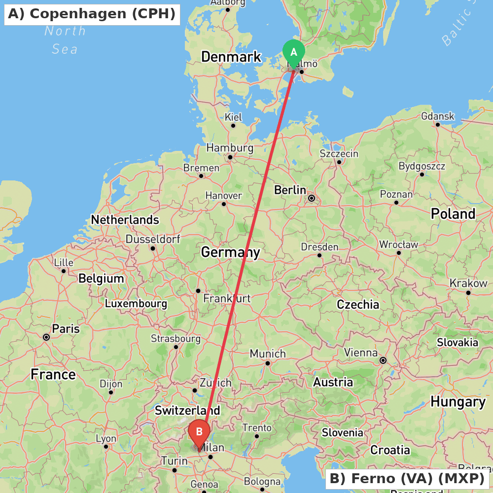 Flight route map from Copenhagen to Ferno (VA)