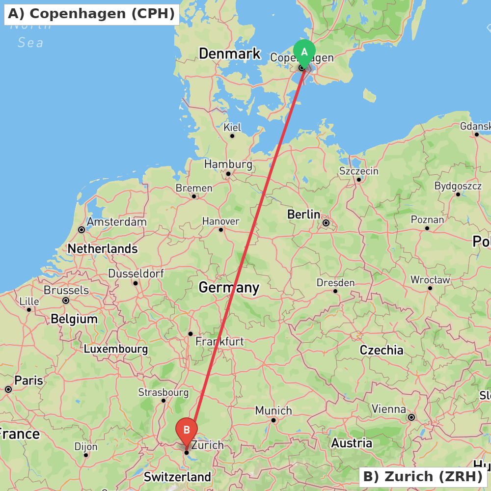 Flight route map from Copenhagen to Zurich