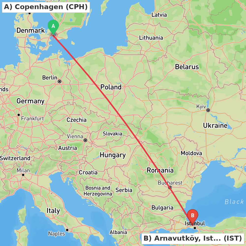 Flight route map from Copenhagen to Arnavutköy, Istanbul