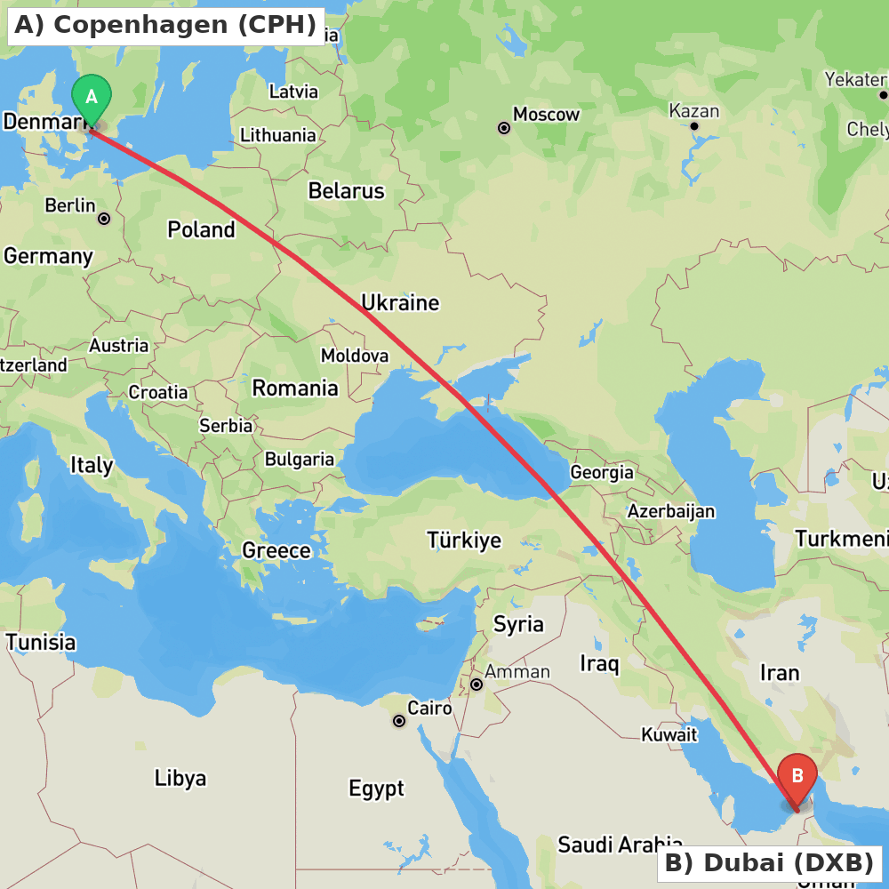 Flight route map from Copenhagen to Dubai