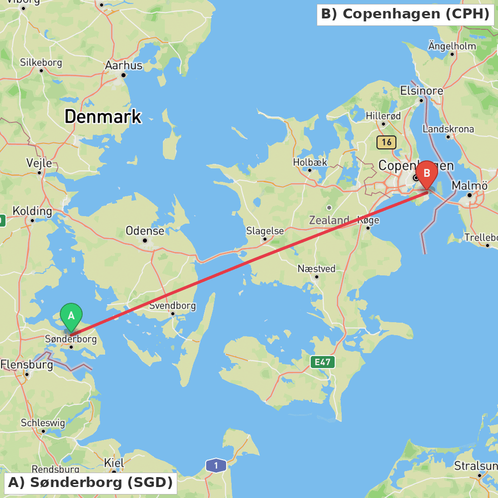 Flight route map from Sønderborg to Copenhagen