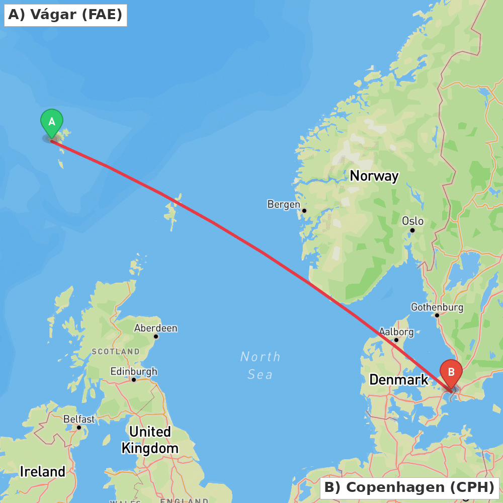 Flight route map from Vágar to Copenhagen