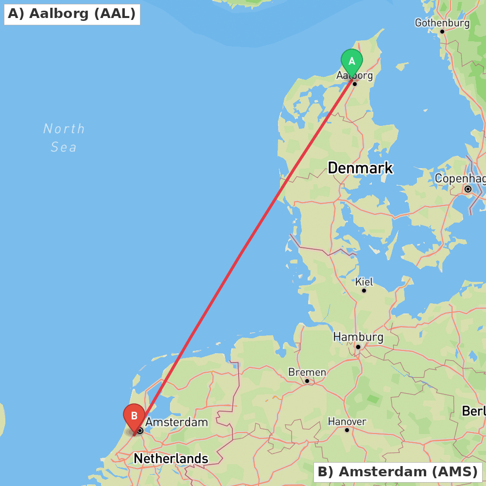 Flight route map from Aalborg to Amsterdam
