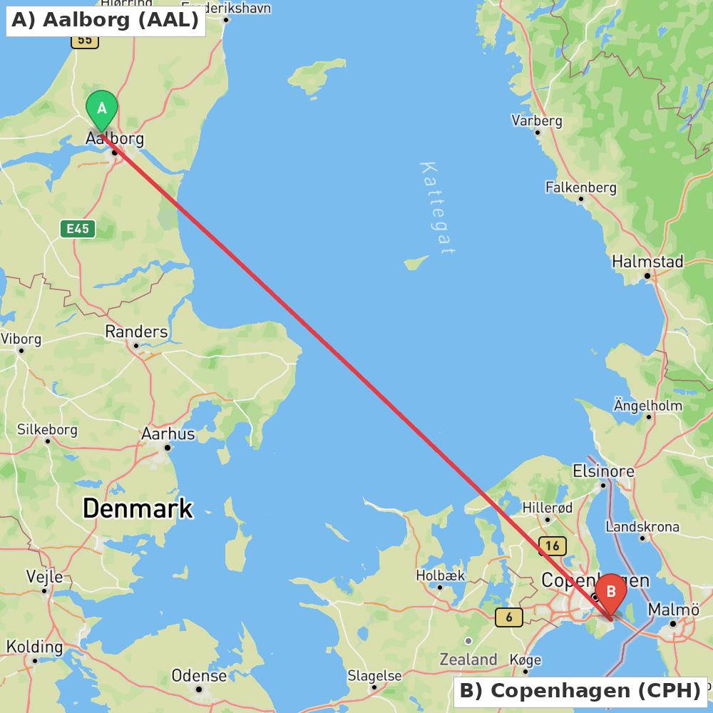Flight route map from Aalborg to Copenhagen