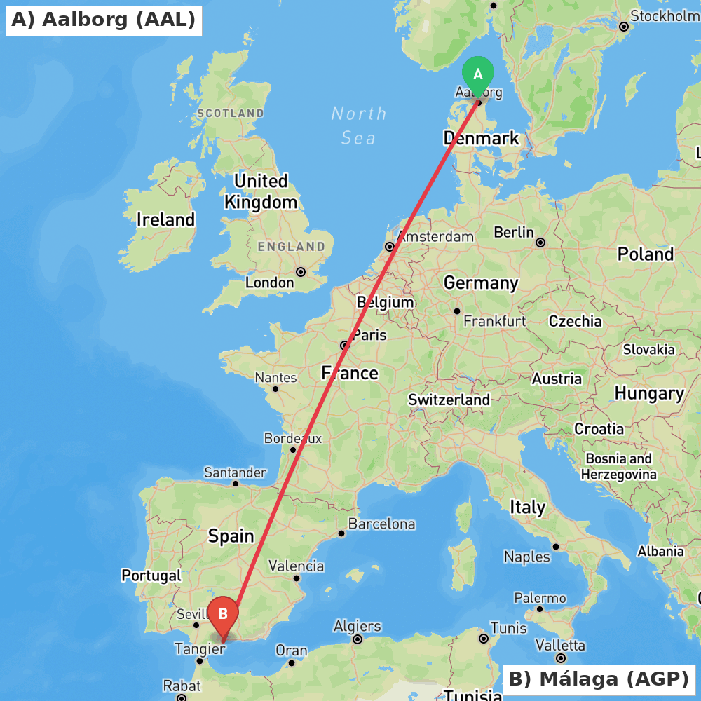 Flight route map from Aalborg to Málaga