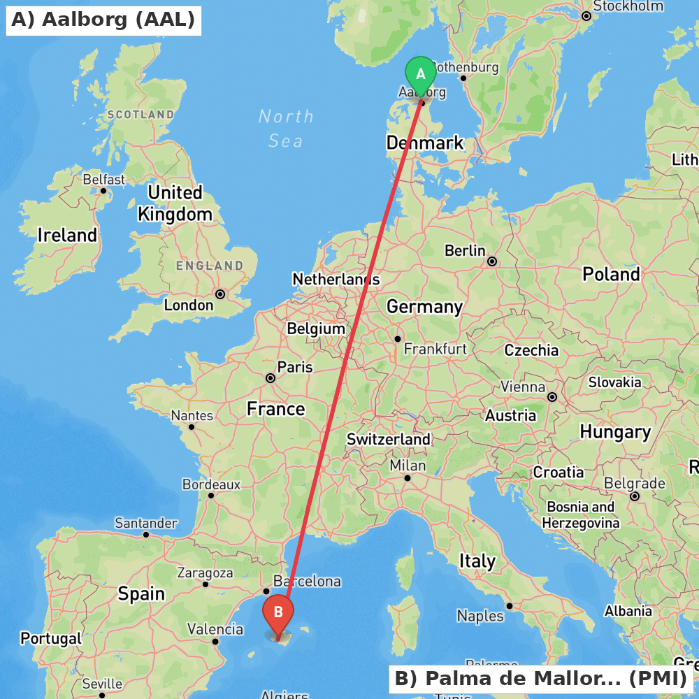 Flight route map from Aalborg to Palma de Mallorca
