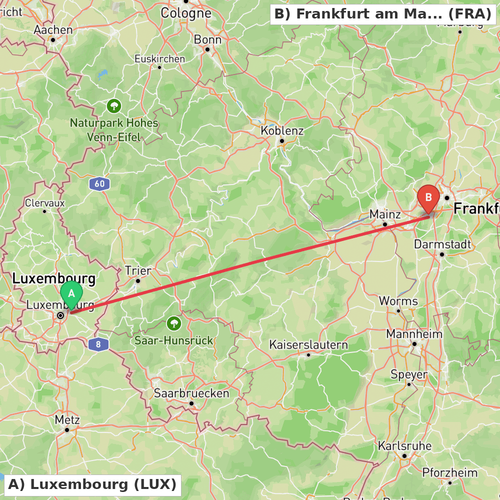 Flight route map from Luxembourg to Frankfurt am Main