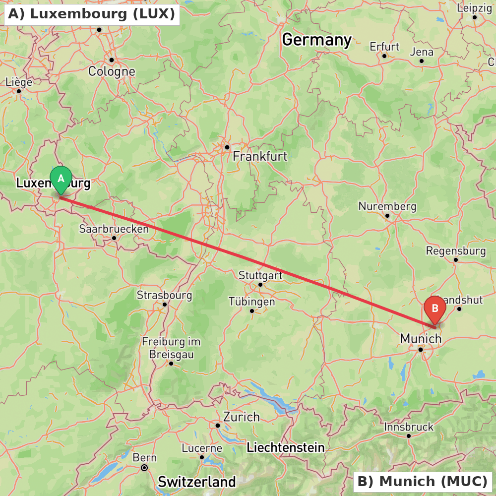 Flight route map from Luxembourg to Munich
