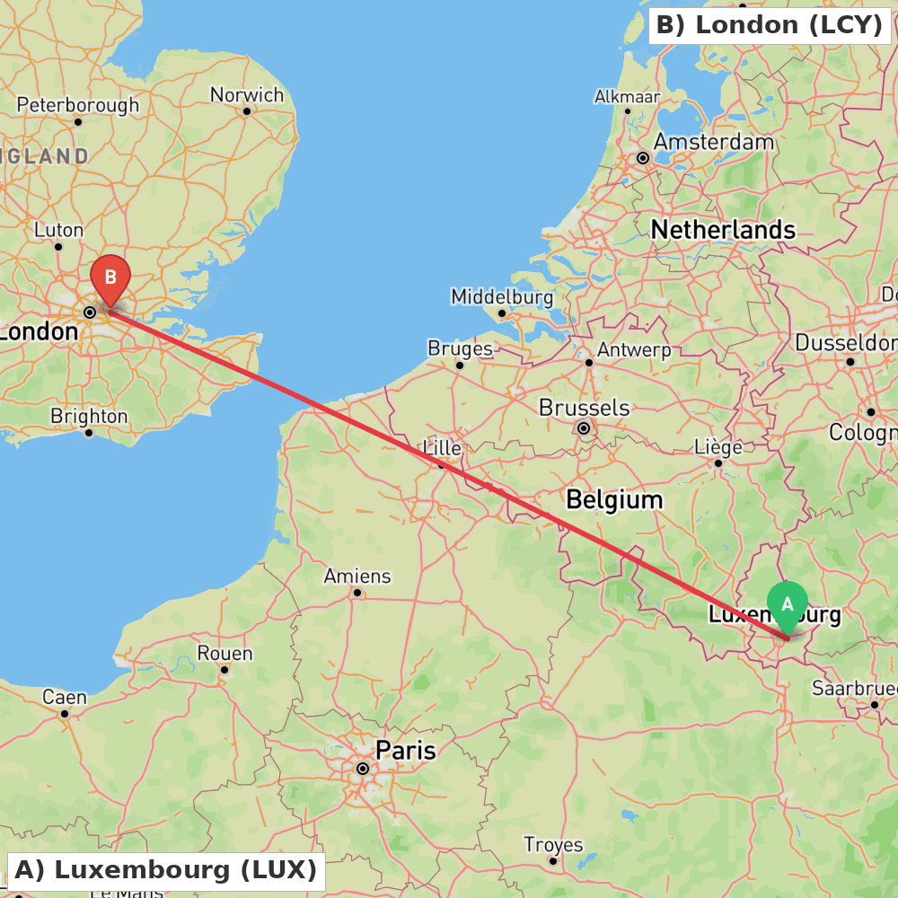 Flight route map from Luxembourg to London