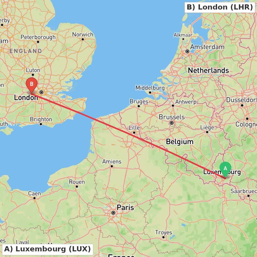 Flight route map from Luxembourg to London