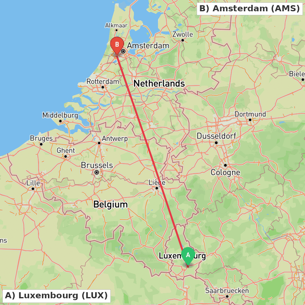Flight route map from Luxembourg to Amsterdam