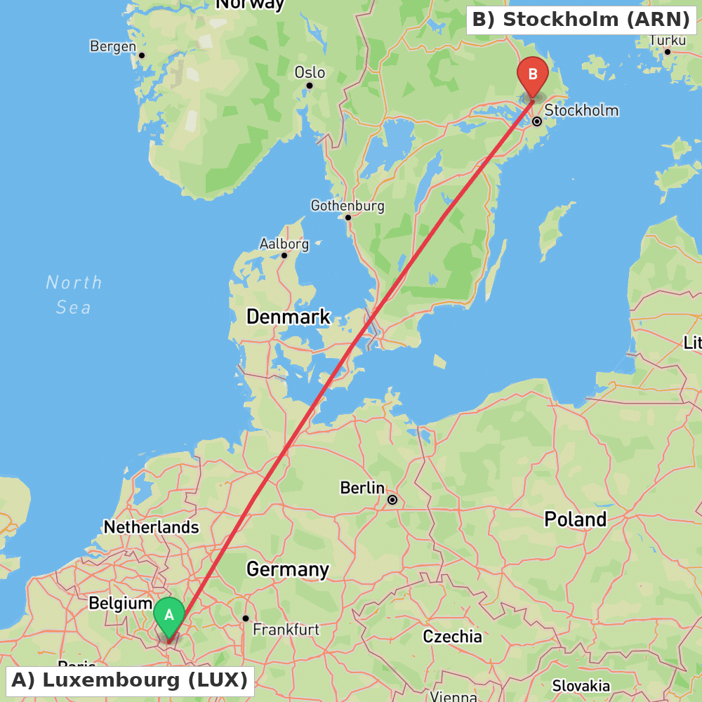 Flight route map from Luxembourg to Stockholm