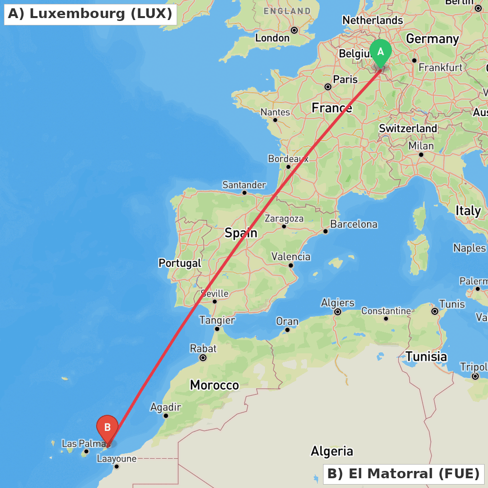 Flight route map from Luxembourg to El Matorral
