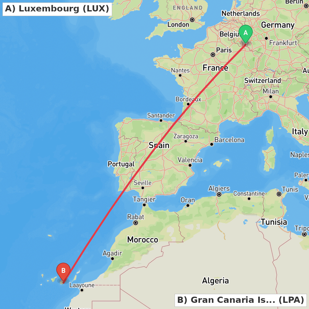 Flight route map from Luxembourg to Gran Canaria Island