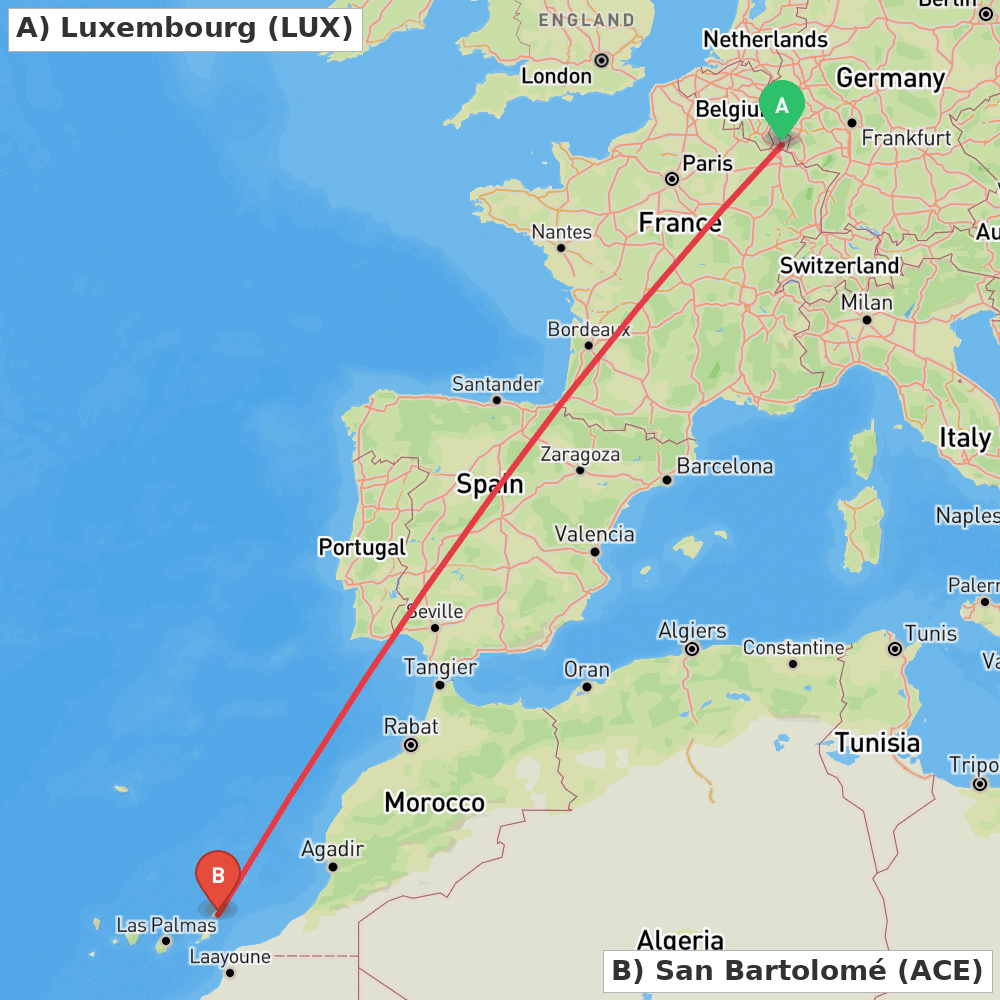 Flight route map from Luxembourg to San Bartolomé